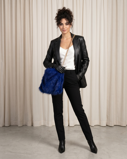 Leather Lab, Borsa in Pelliccia, Bluette/Nero