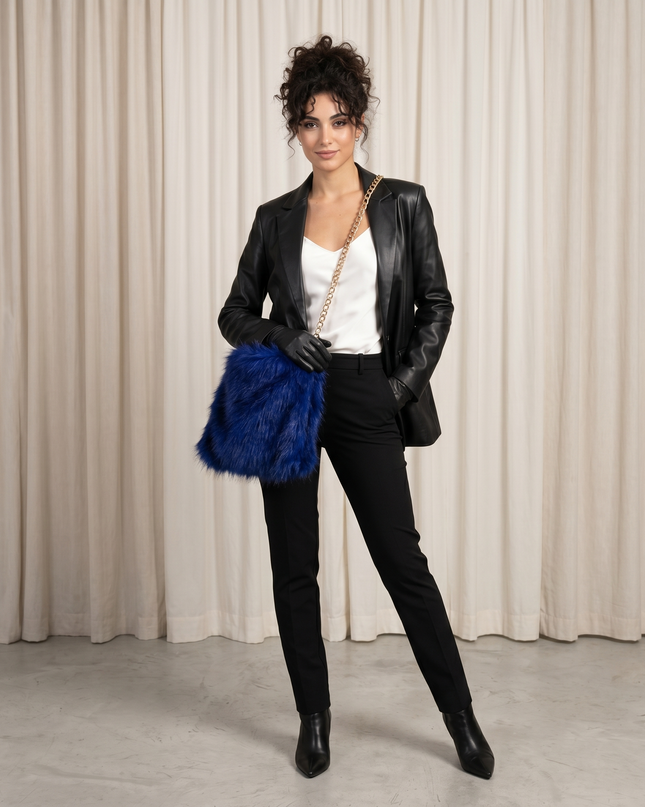 Leather Lab, Borsa in Pelliccia, Bluette/Nero