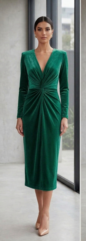 Abito Donna Midi con Drappeggio a Nodo – Corallo / Verde