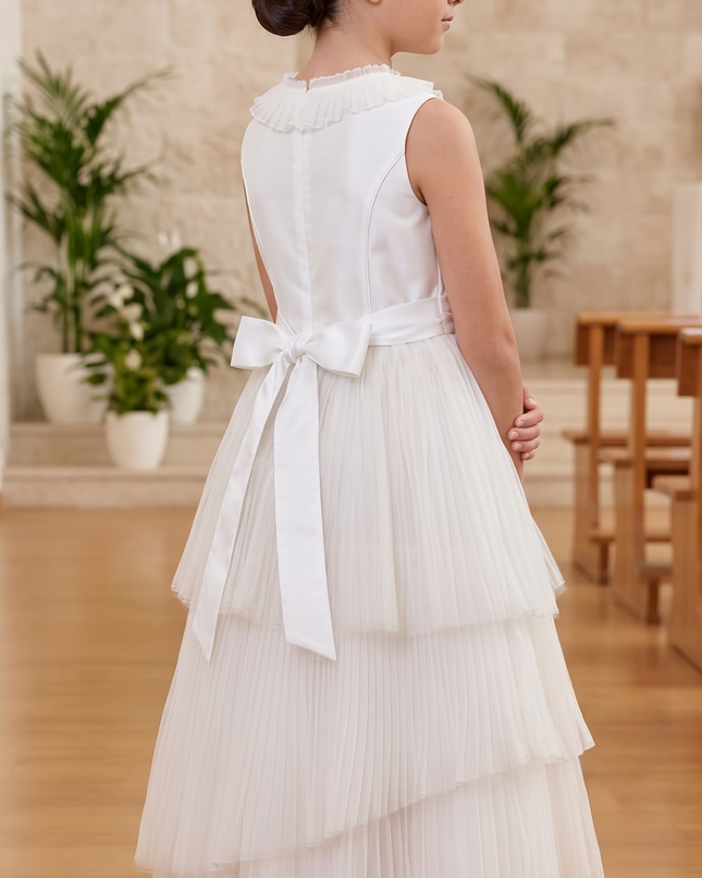 Abito Comunione Bambina – Balze Asimmetriche Organza Plissé e Shantung di Seta Bianco Tg. 85
