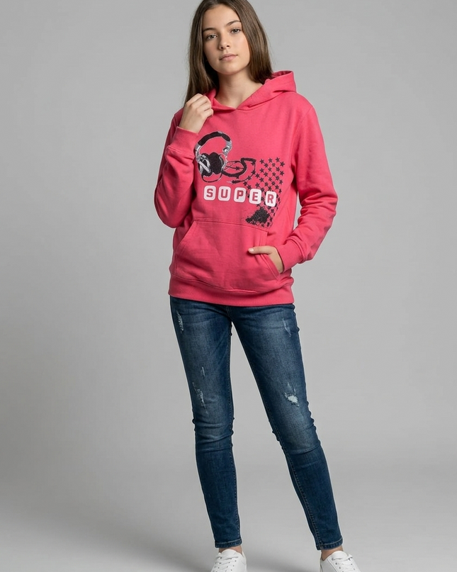 Felpa Bambina Rossa con Cappuccio Reverse Bianco e Stampa Nera - Art. 56144
