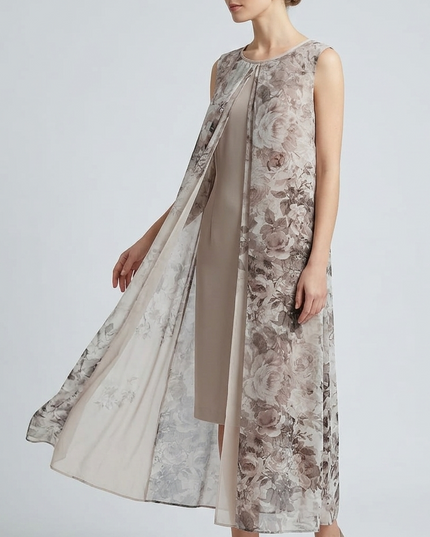 Abito Donna Tubino Color Crema Doppiato – Pannelli Stampa Fiori Contrasto Crema/Grigio TG48