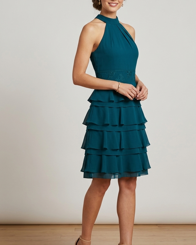 Abito Donna Gonna a Balze con Stola – Blu Ottanio – Art. 7097