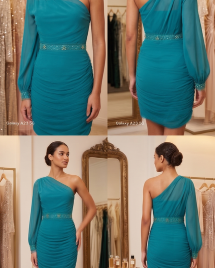 Abito Donna Mod. Andreina Turchese – Asimmetrico Manica Georgette Tg. 48