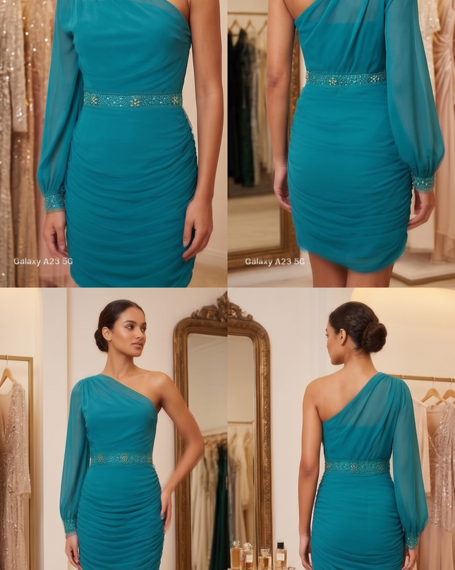 Abito Donna Mod. Andreina Turchese – Asimmetrico Manica Georgette Tg. 48