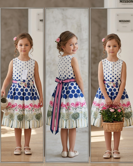 Abito Damina Bimba in Mikado Stampa Pois con Fiori e Perle – Art. GB9105