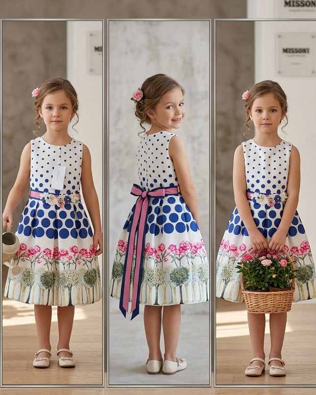 Abito Damina Bimba in Mikado Stampa Pois con Fiori e Perle – Art. GB9105