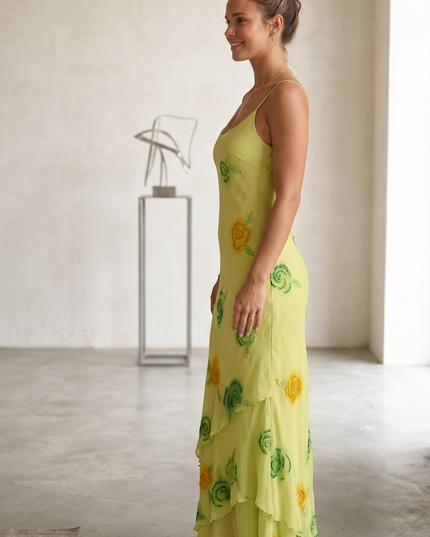 Abito Lungo Taglio Sbiego Verde Lime con Pietre – Sagarè Taglia 44