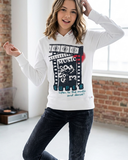 Felpa Ragazza Bianca con Cappuccio e Stampa Glitter Nero/Rosso - Art. 56144