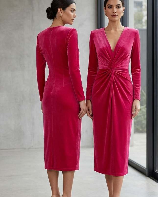 Abito Donna Midi con Drappeggio a Nodo – Corallo / Verde