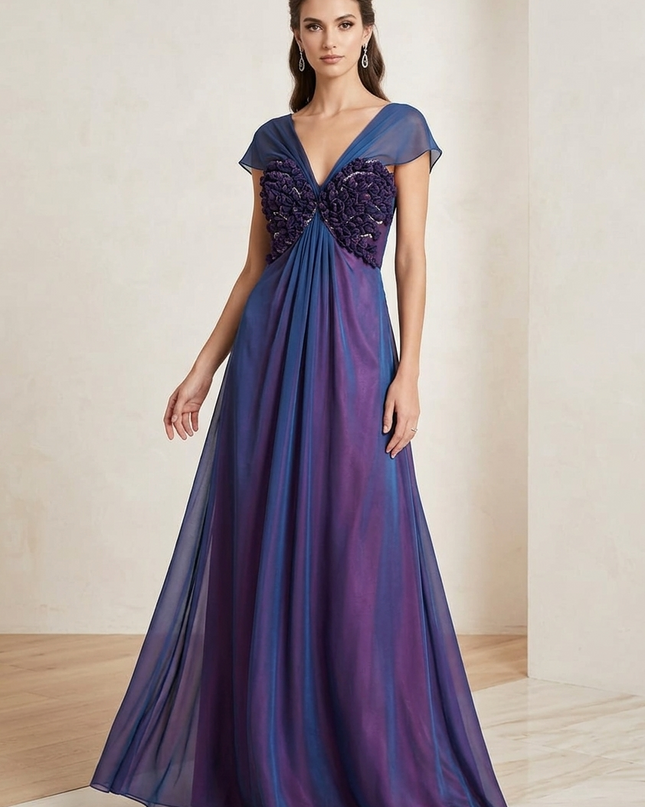 Abito da Cerimonia Lungo in Georgette Blu su Base Fuxia con Cristalli - Art.