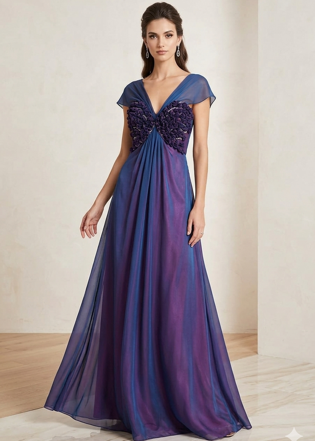 Abito da Cerimonia Lungo in Georgette Blu su Base Fuxia con Cristalli - Art.