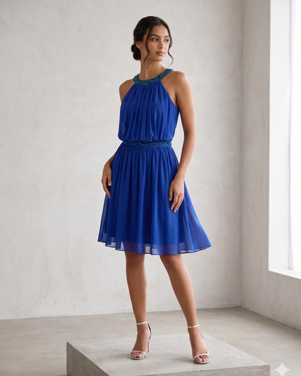 Abito Cerimonia Blufayazi – Colore F46 | Scollo Rotondo, Ricami in Perle e Pietre, Retro Sciallato con Stola | Tg. 42