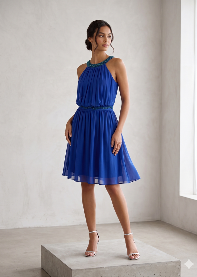 Abito Cerimonia Blufayazi – Colore F46 | Scollo Rotondo, Ricami in Perle e Pietre, Retro Sciallato con Stola | Tg. 42