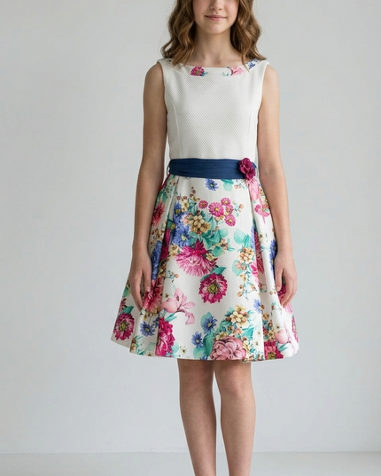 Abitino Cerimonia Bimba in Piqué Nido d’Ape con Gonna Floreale e Sottogonna in Tulle – Art. NG10 – Tg. 80
