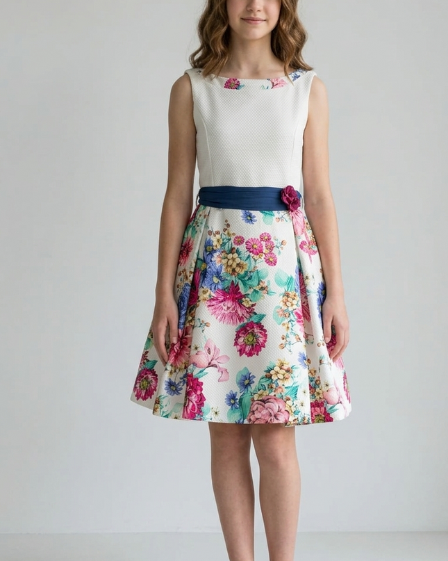 Abitino Cerimonia Bimba in Piqué Nido d’Ape con Gonna Floreale e Sottogonna in Tulle – Art. NG10 – Tg. 80
