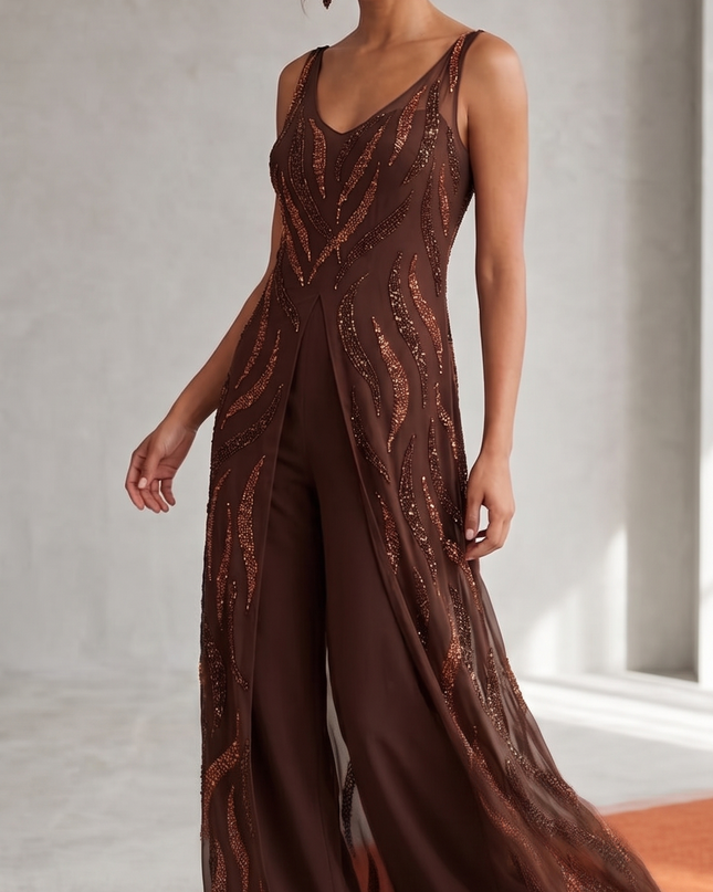 Completo Pantalone Cerimonia Palazzo in Georgette con Tunica Ricamata – Art. 1557