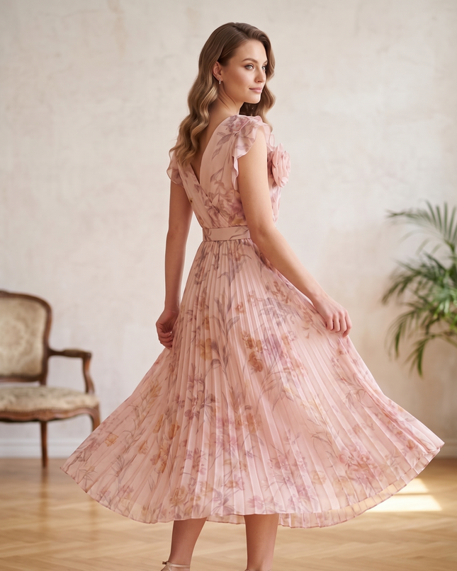 Abito Donna Cotone Lucido Fantasia Rosa-Oro con Gonna Plissé tg M
