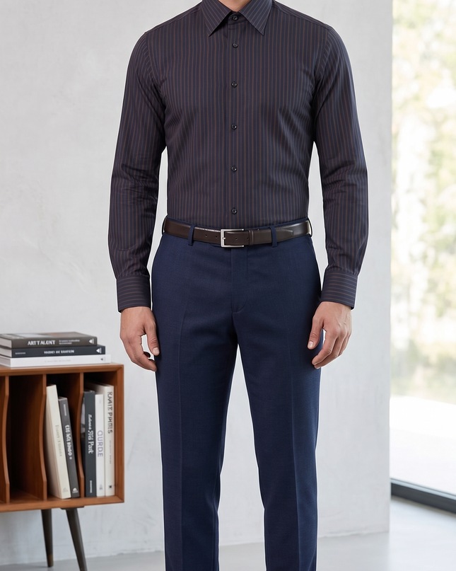 Camicia Uomo ROCCO BAROCCO Slim Fit Cotone Rigato Nero/Marrone – Art. RB0126