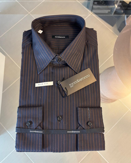 Camicia Uomo ROCCO BAROCCO Slim Fit Cotone Rigato Nero/Marrone – Art. RB0126
