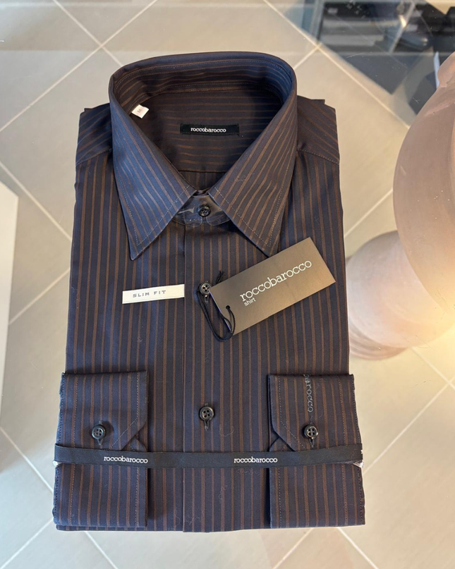 Camicia Uomo ROCCO BAROCCO Slim Fit Cotone Rigato Nero/Marrone – Art. RB0126