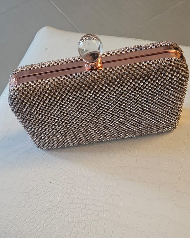 Pochette da Cerimonia in Tessuto con Rete di Swarovski Oro Rosa e Tracolla Dorata