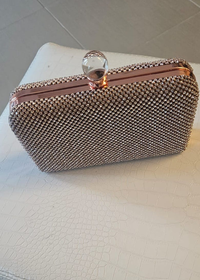 Pochette da Cerimonia in Tessuto con Rete di Swarovski Oro Rosa e Tracolla Dorata