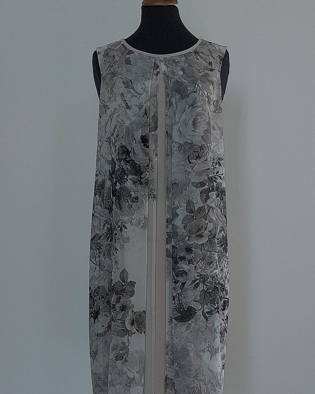 Abito Donna Tubino Color Crema Doppiato – Pannelli Stampa Fiori Contrasto Crema/Grigio TG48