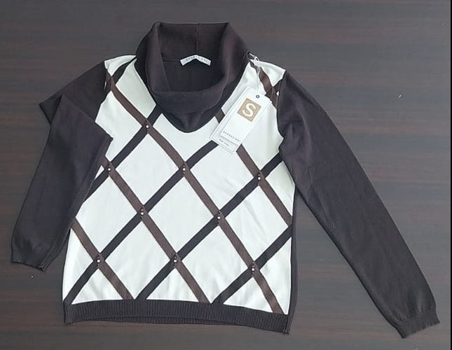 Maglia Donna Sensazioni Viscosa e Poliestere – Rombi Marrone e Avorio made in Italy