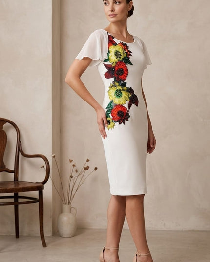 Tubino Donna Bianco in Crepe con Applicazione Floreale e Pietre – Linea ILOVETUBINO – Tg. 46