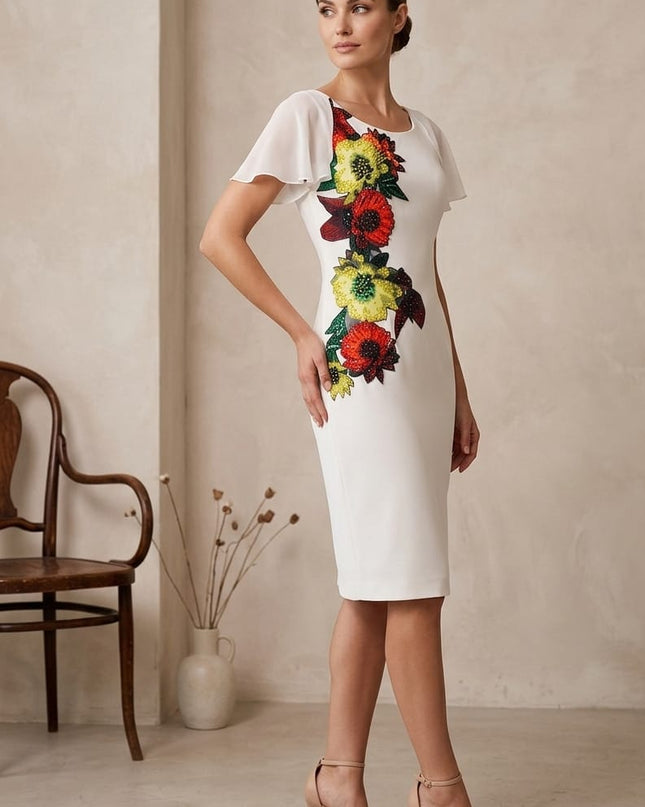 Tubino Donna Bianco in Crepe con Applicazione Floreale e Pietre – Linea ILOVETUBINO – Tg. 46