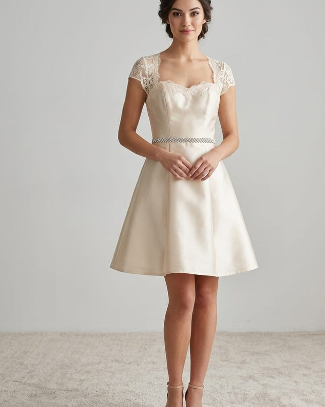 Abitino Scampanato in Mikado di Seta Beige con Pizzo Chantilly e Gioiello – Art. 366