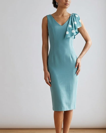 Tubino Donna Verde Acqua Scollo a V con Fiocco Georgette a Pois – Ref. 2035