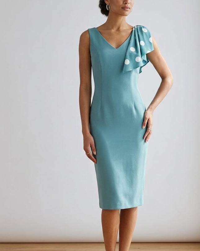 Tubino Donna Verde Acqua Scollo a V con Fiocco Georgette a Pois – Ref. 2035