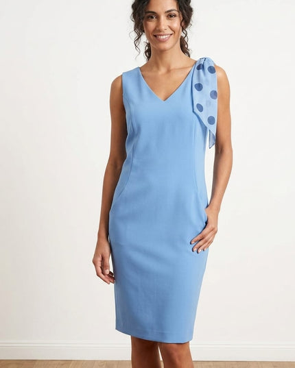 Tubino Donna Azzurro Cielo Scollo a V con Fiocco Georgette a Pois – Ref. 2035