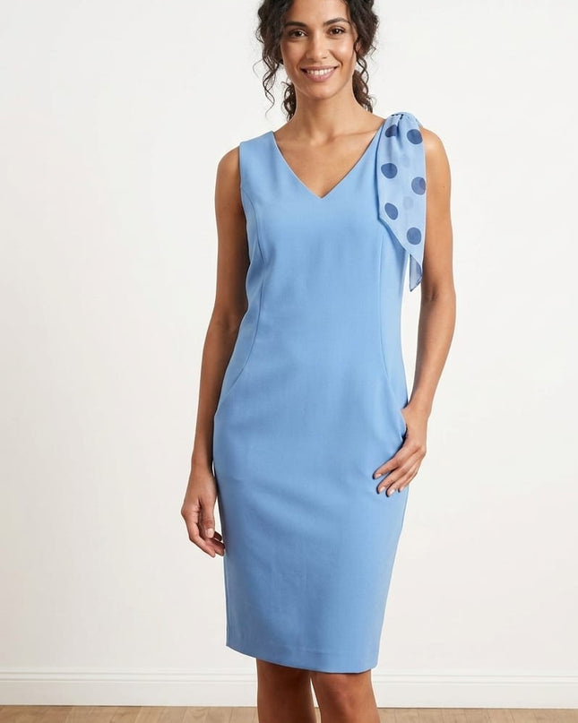 Tubino Donna Azzurro Cielo Scollo a V con Fiocco Georgette a Pois – Ref. 2035