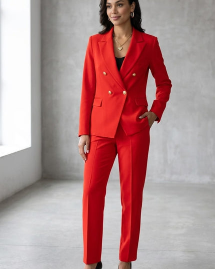 Completo Pantalone Donna Corallo – Giacca Asimmetrica Doppio Petto e Pantalone Sigaretta – Tg. 44