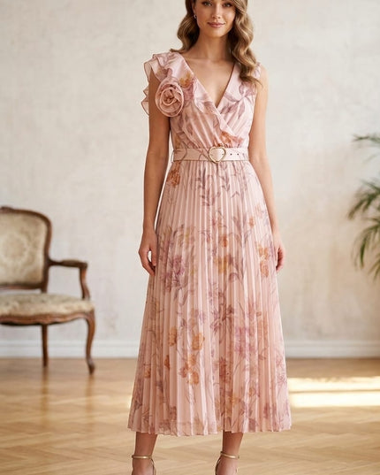 Abito Donna Cotone Lucido Fantasia Rosa-Oro con Gonna Plissé tg M