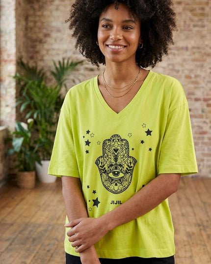 Maglietta Jijil Verde Lime con Stampa Nera – 100% Cotone Scollo a V Tg. 42