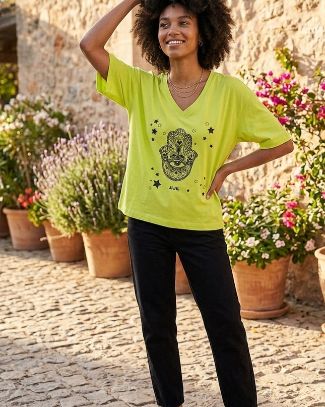 Maglietta Jijil Verde Lime con Stampa Nera – 100% Cotone Scollo a V Tg. 42