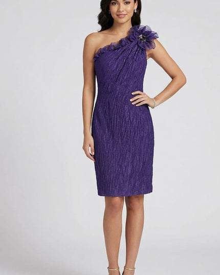 Tubino Donna Monospalla Viola Dark – Organza e Seta Stropicciata con Fiore e Cristalli Tg. 46