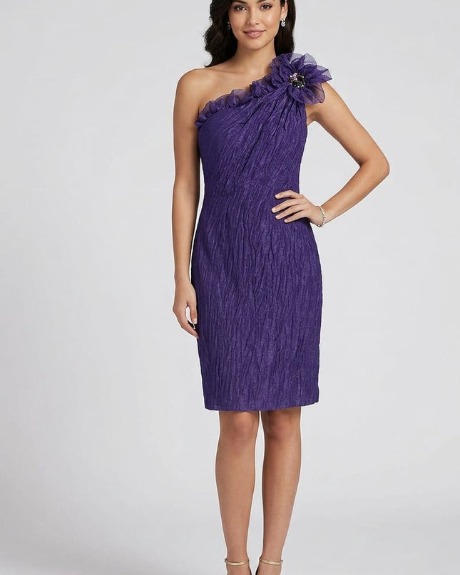 Tubino Donna Monospalla Viola Dark – Organza e Seta Stropicciata con Fiore e Cristalli Tg. 46