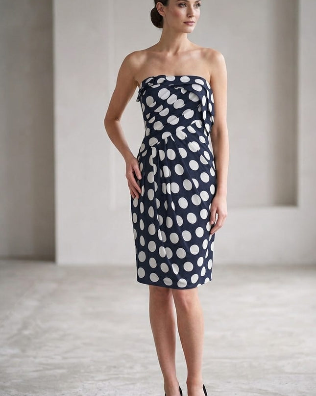 Abito Line Belle Couture Art. BM174 – Seta Pois Blu e Bianco Scollo a Cuore Tg. 46