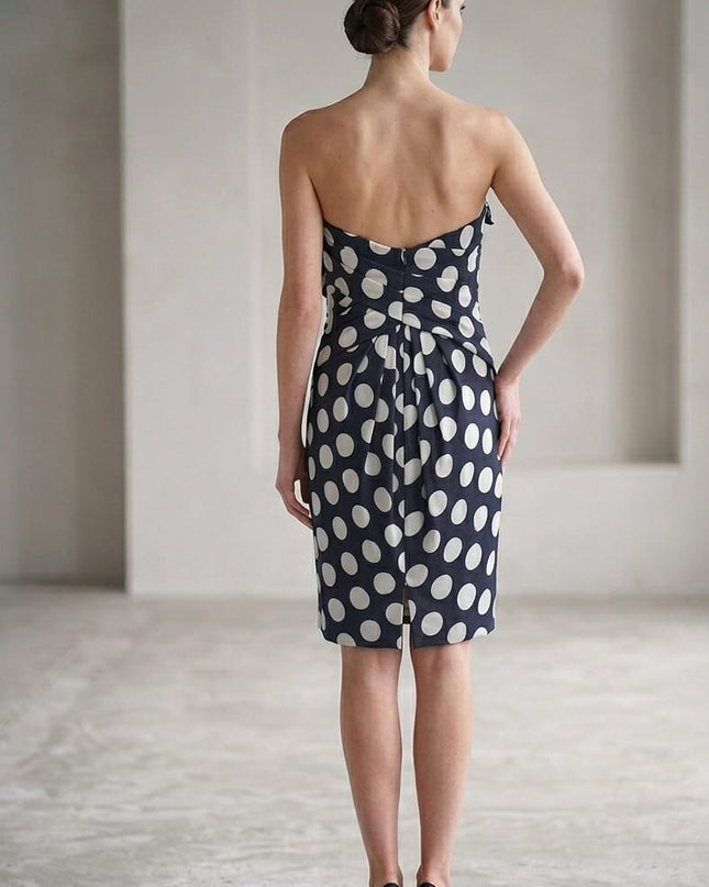 Abito Line Belle Couture Art. BM174 – Seta Pois Blu e Bianco Scollo a Cuore Tg. 46