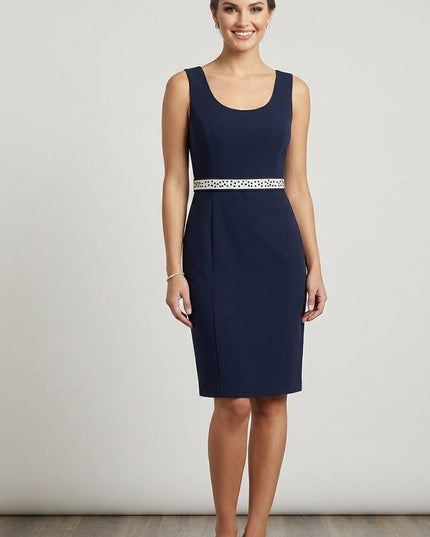Tubino Nevia Donna in Crêpe Blu con Cintura Bianca e Perline Art. 0039