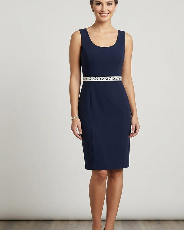 Tubino Nevia Donna in Crêpe Blu con Cintura Bianca e Perline Art. 0039