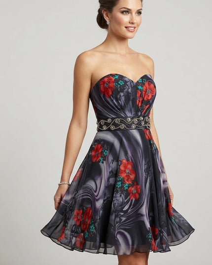 Abitino Donna in Seta Pura con Fiori Rosso Valentino e Swarovski