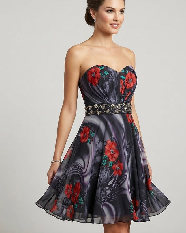 Abitino Donna in Seta Pura con Fiori Rosso Valentino e Swarovski