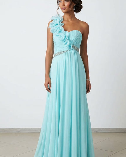 Abito Lungo Acquamarina Monospalla in Georgette con Swarovski