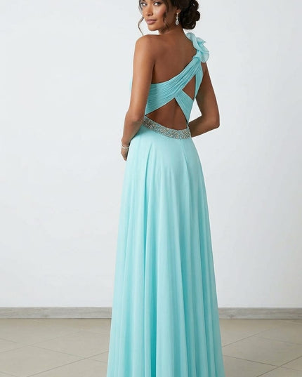 Abito Lungo Acquamarina Monospalla in Georgette con Swarovski